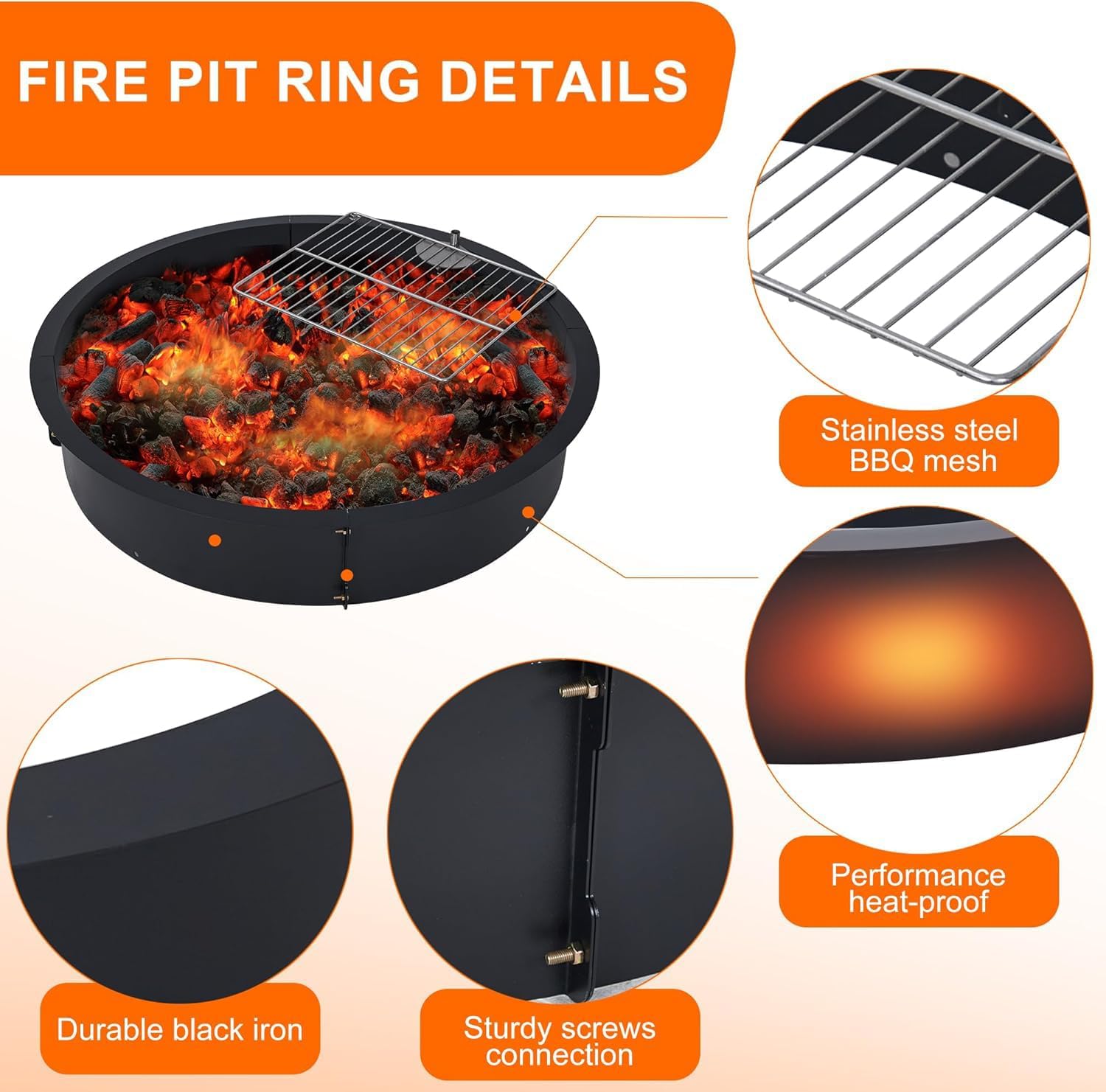 36 inch Inner Fire Pit Ring, Outdoor 2.5MM Steel Firepit Ring 42 inch Outer Large Bonfire Fire Pit Insert Round, In-Ground Fire Pit, Outside Wood Burning DIY for Camping Garden Patio