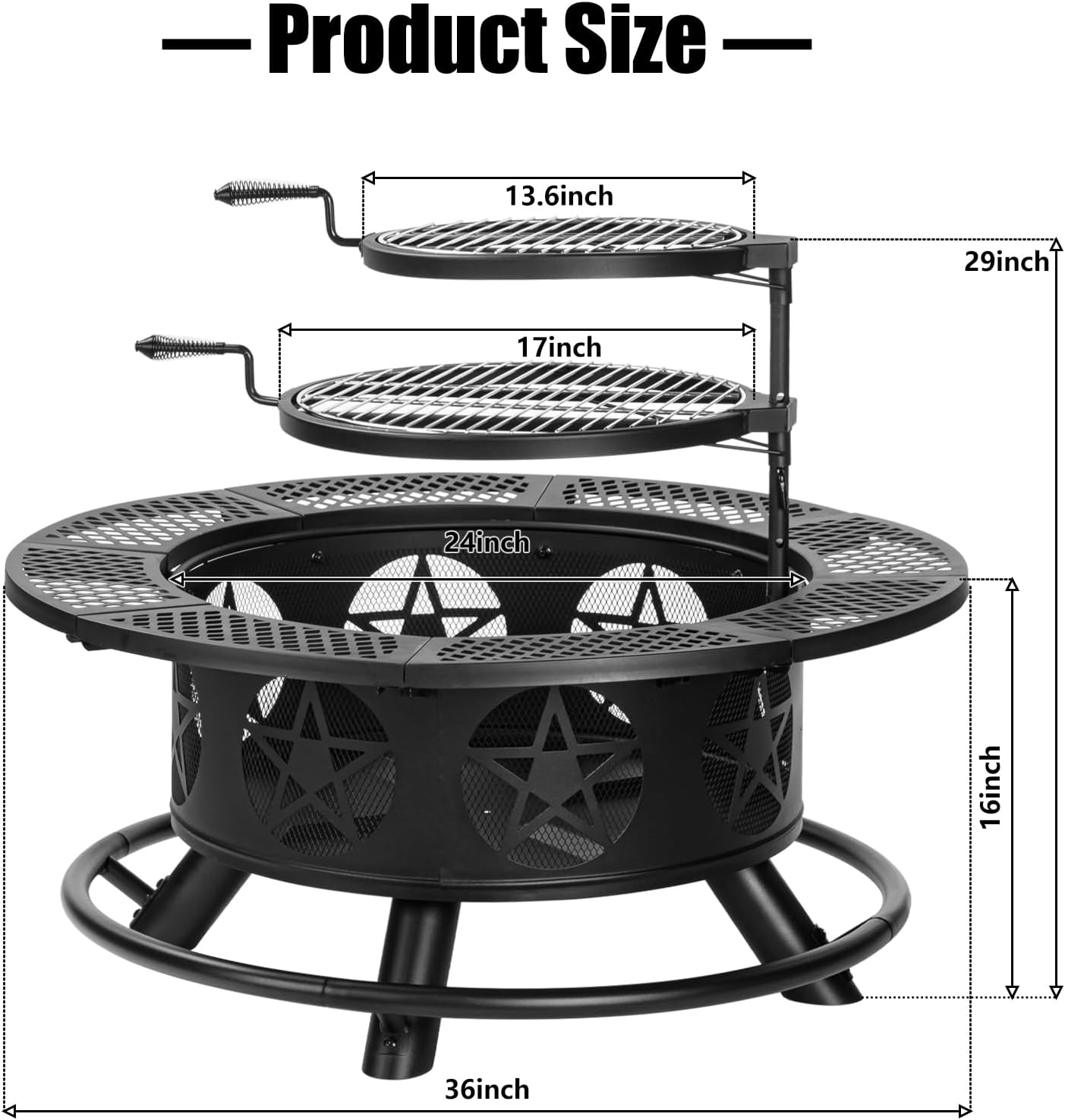 36 Inch Fire Pit with 2 Grills, Wood Burning Fire Pits for Outside with Lid & Poker, BBQ& Outdoor Firepit & Round Metal Table 3 in 1 for Patio, Picnic, Party
