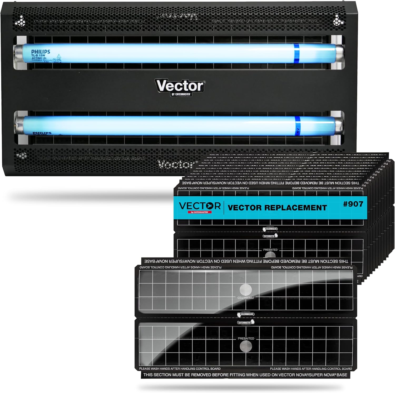 Catchmaster Vector 30 Black UV Light Fly Trap & Replacement Board Bundle, Fly Traps Indoor for Home, Electric Gnat Traps with Shatterproof Bulb, Silent Bug Light for Garage, 12-Pack Replacement Boards