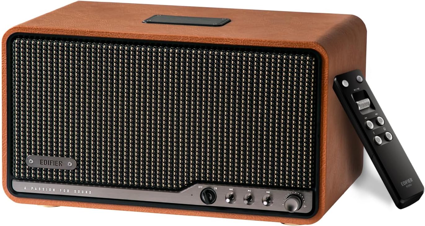 Edifier S300 Hi-Fi Tabletop Speaker, Hi-Res Audio LDAC for Wireless Multi-Room & Stereo Pairing, 80W Power Works with AirPlay 2 Bluetooth 5.4 USB-C AUX Inputs, Retro Design with Remote - Brown