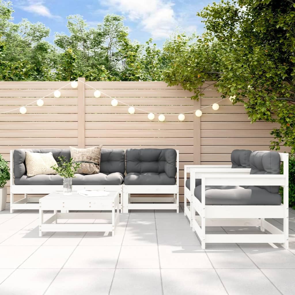6 Piece Patio Lounge Set with Cushions White Solid Wood,Garden Lounge Set with Cushions Solid Pine Wood Patio Furniture Patio Furniture Sets, Outdoor Furniture Sets