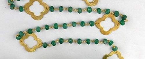 JEWELZ 5 feet emerald green aventurine clover floral charm beaded chain - 24k gold plated wire wrapped chain - faceted rosary beaded chain 3-4mm