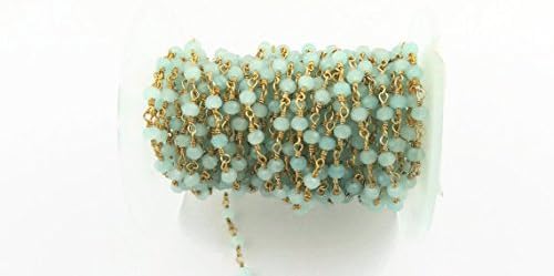 LKBEADS 50 FEET Blue Aqua Chalcedony 3mm-4mm 24k Gold Plated Rosary Style Beaded Chain -Beads Wire Wrapped Chain