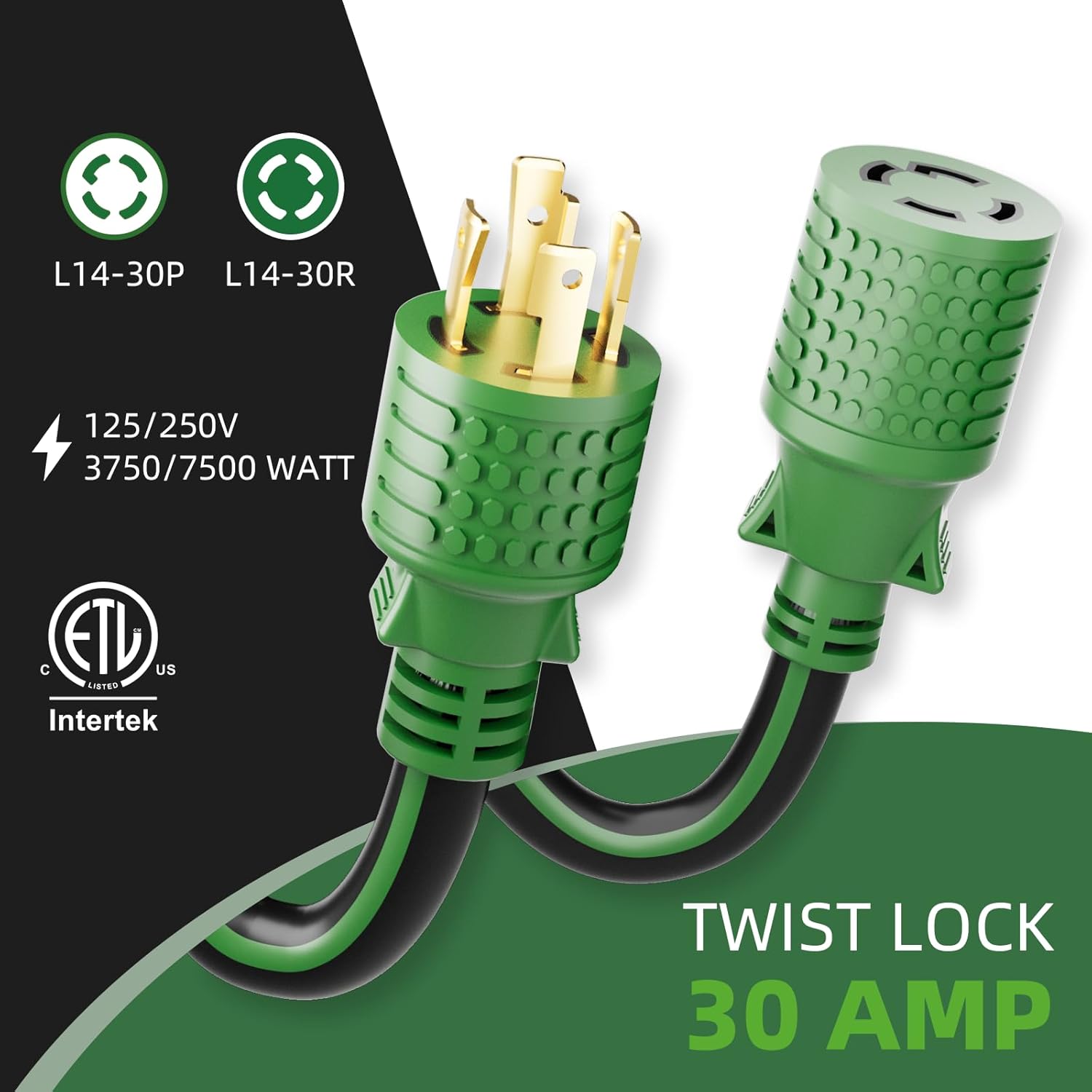 4 Prong 30 Amp Extension Generator Cord 50FT, NEMA L14-30P/L14-30R, 125/250 Volt Up to 7500 Watts, 10 Gauge SJTW Twist Lock Power Cord for Manual Transfer Switch, Black&Green, ETL Listed