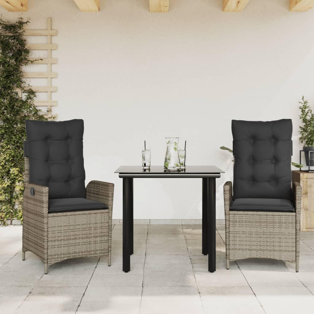 Furniture Sets 3 Piece Patio Dining Set with Cushions Gray Poly Rattan,Adjustable Rattan Lounger and Glass Table Set for Outdoor Relaxation Garden Conversation Sets