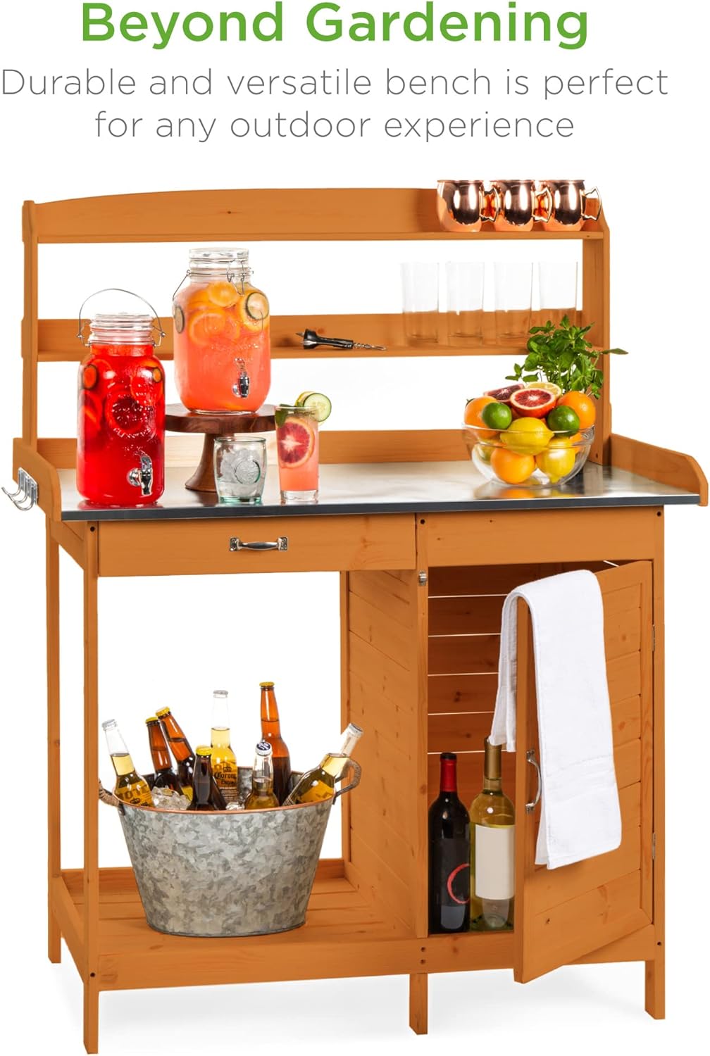 Best Choice Products Outdoor Garden Wooden Potting Bench Work Station w/Metal Table Top, Pre-Stained Finish, Cabinet, Sliding Drawer, Large Bottom Shelf - Brown