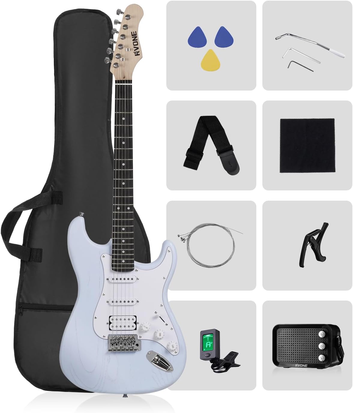 RST-150 39”Beginner Electric Guitar Kit with Amplifier, Classic HSS Pickup, Electric Guitar with Gig Bag, Capo, Strap, Extra Strings, Digital Tuner, 3 Picks, Cleaning Cloths (1-Blue)