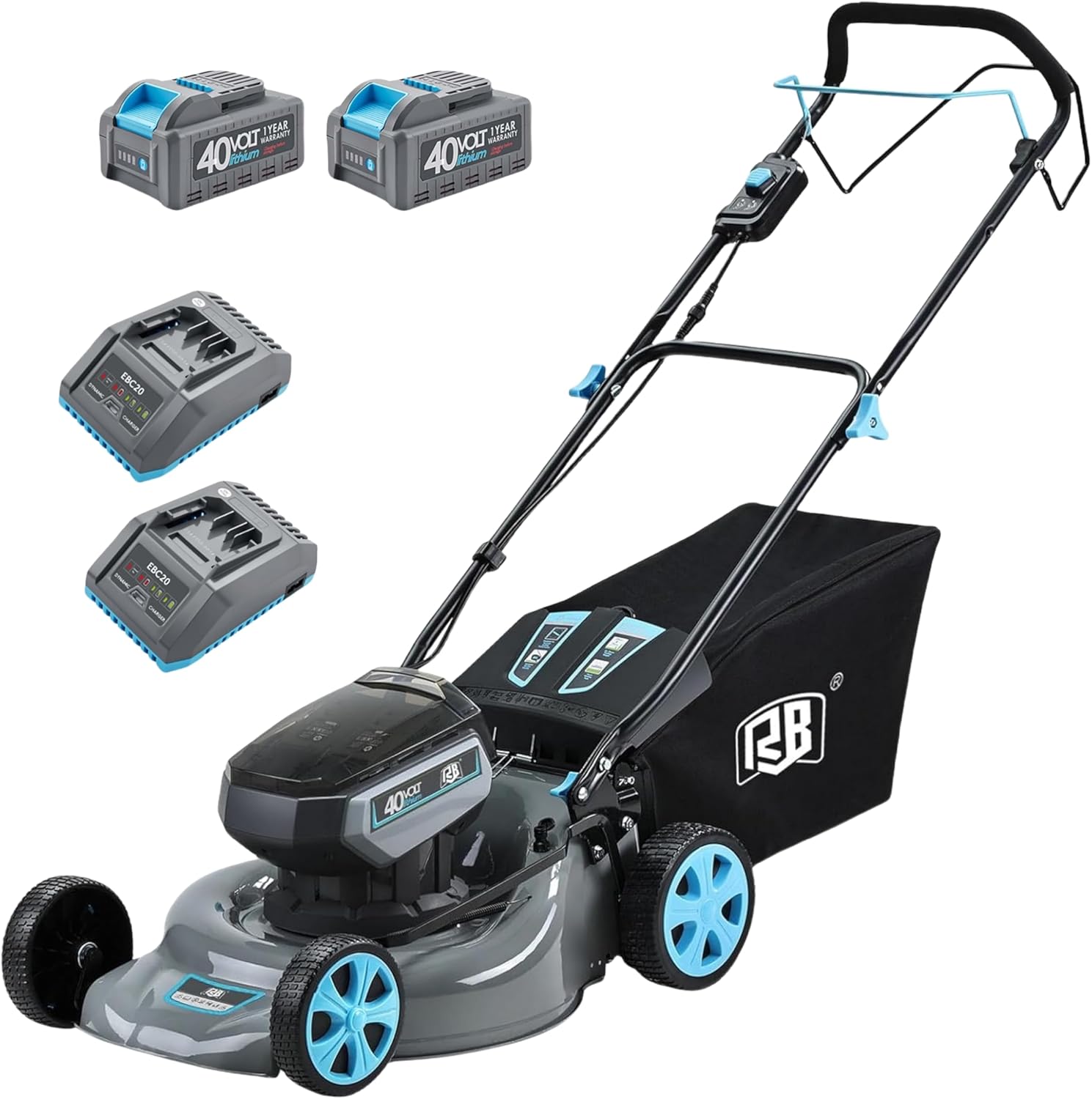 RB 80V Battery Power Lawn Mower 18” Cordless 7 Cutting Heights Adjustable Lawnmower Brushless Motor Low Noise 4 in 1 Push Mower with Fast Charger and 2 x40V 4.0AH Battery