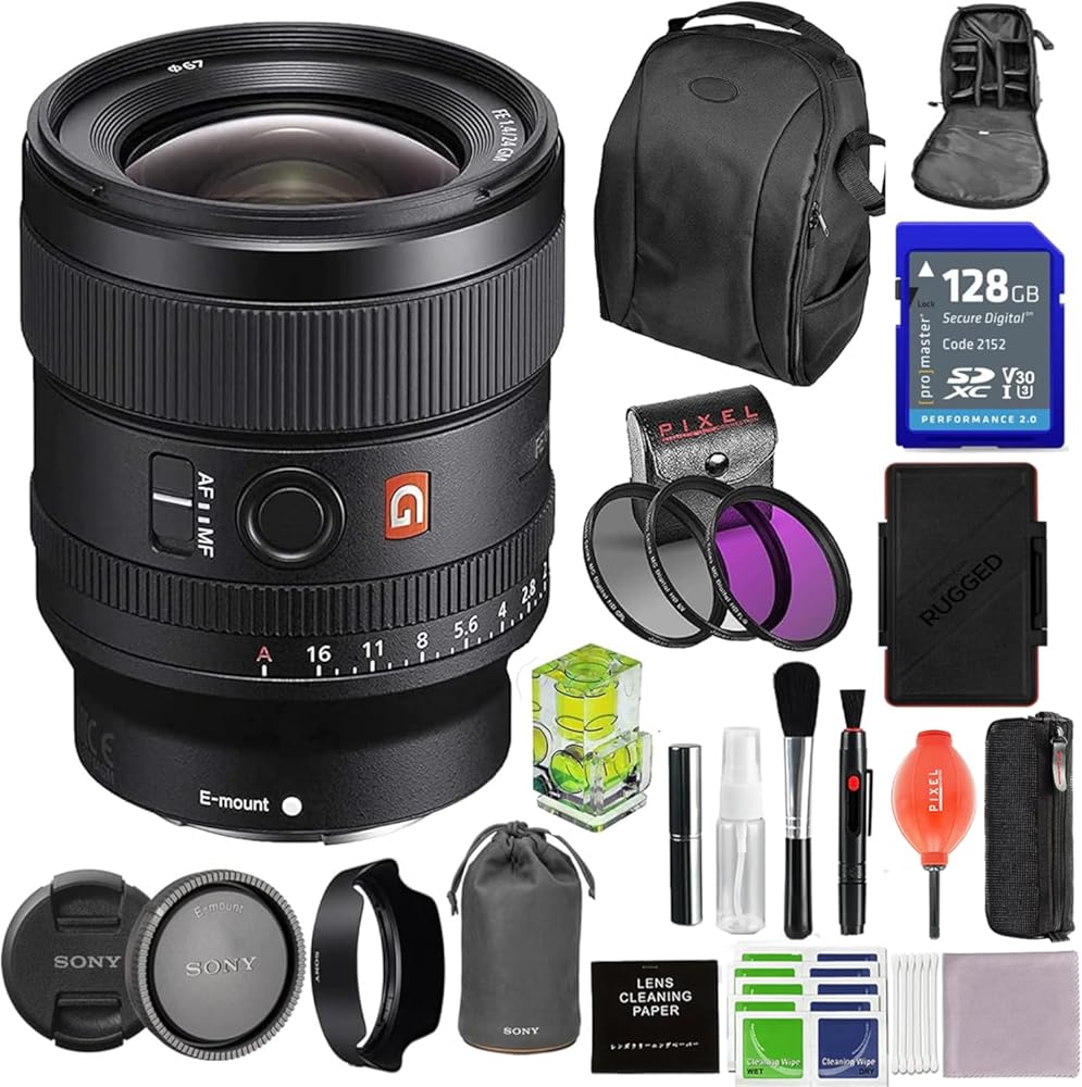 Sony FE 24mm F1.4 GM Camera Lens Bundle with 3pc Filter Kit, 128GB SDXC Card, Backpack, Camera Bubble Level, Memory Card Case, Lens Pen + More | 24mm Sony Lens (USA Authorized - Manufacturer Warranty)
