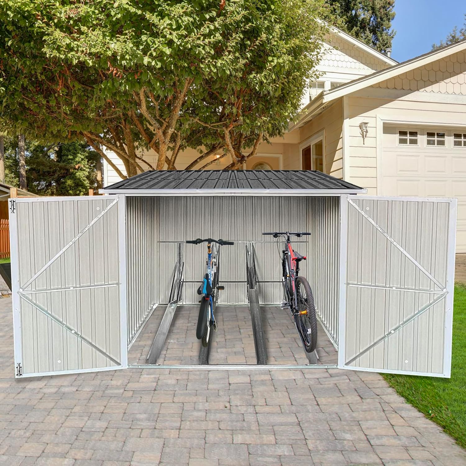 Metal Bike Storage Shed for 4 Bicycles, Outdoor Low Profile Steel Bike Shed with Lockable Doors & Adjustable Tracks, Rust & Water-Resistant Bicycle Storage Cabinet for Backyard, Grey