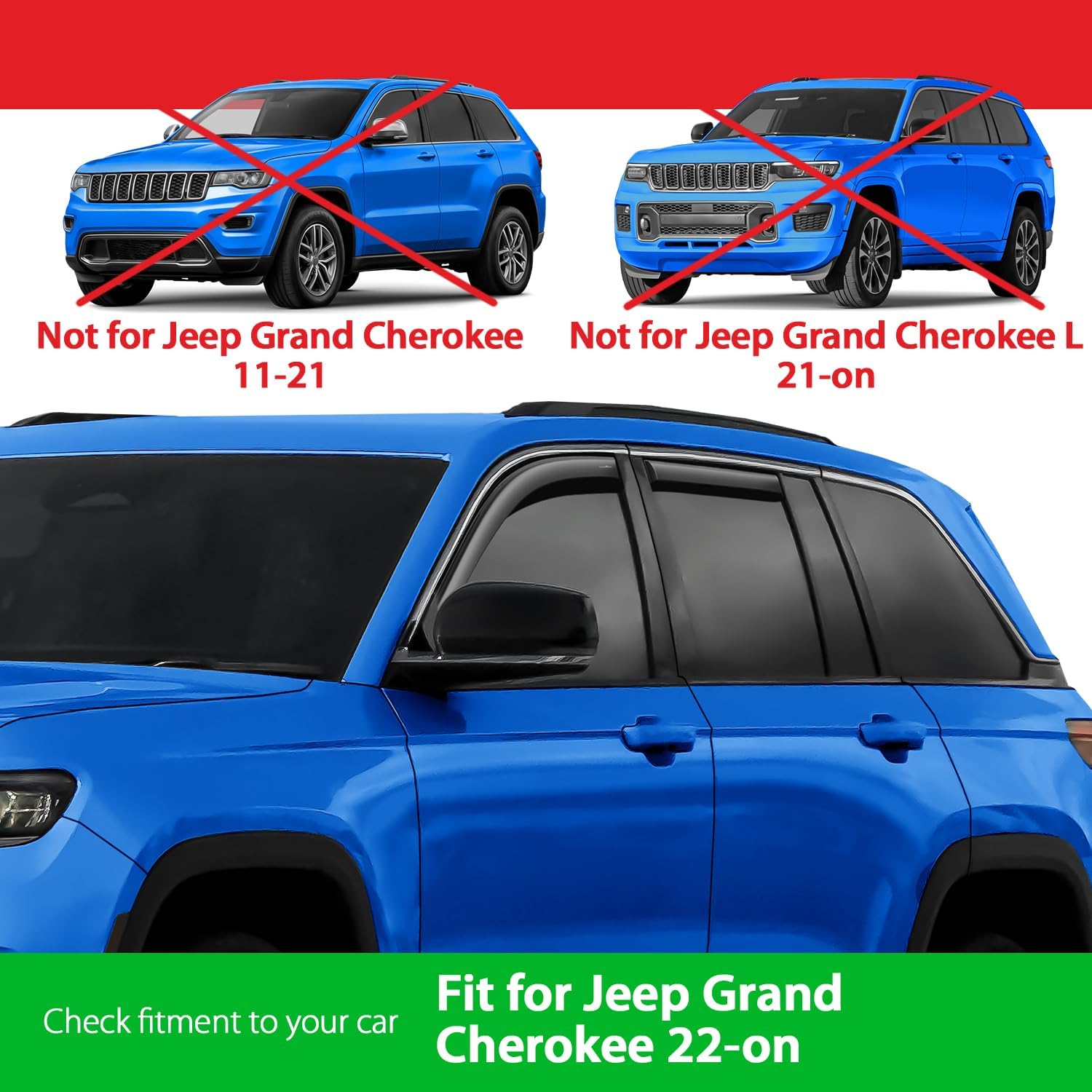 Goodyear Shatterproof in-Channel Window Deflectors for Jeep Grand Cherokee 2022-2026, Rain Guards, Window Visors for Cars, Vent Deflector, Car Accessories, 4 pcs - GY007990