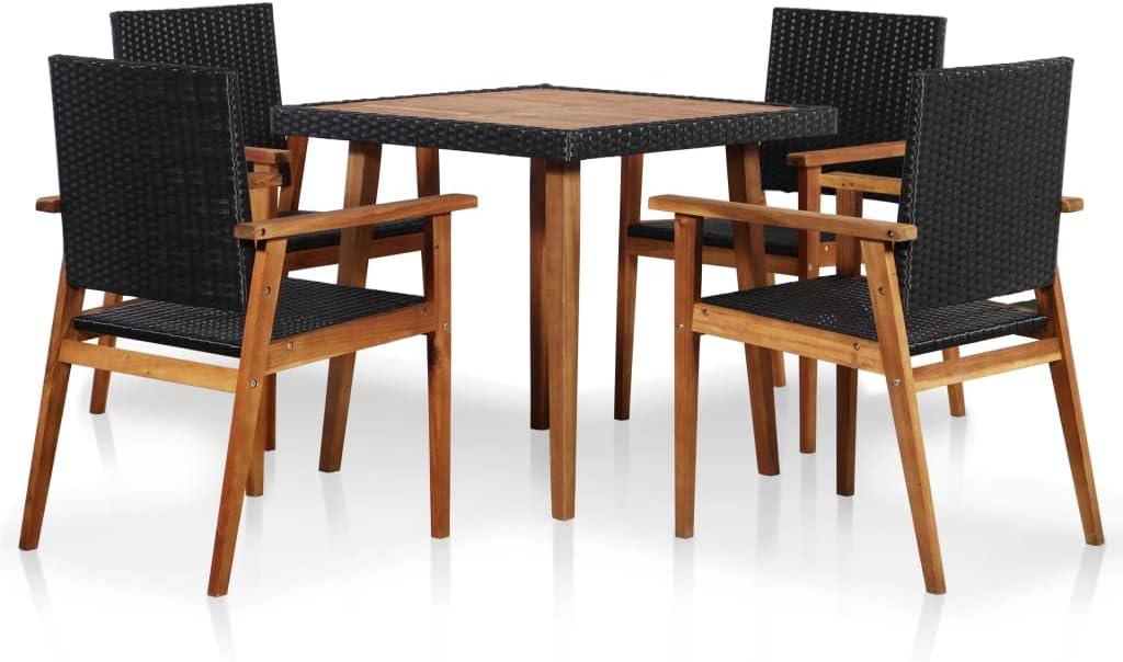 5 Piece Patio Dining Set Poly Rattan Black and Brown,Vintage PE Rattan Dining Set with Acacia Wood Chairs for Garden and Patio Patio Furniture Sets, Outdoor Furniture Sets