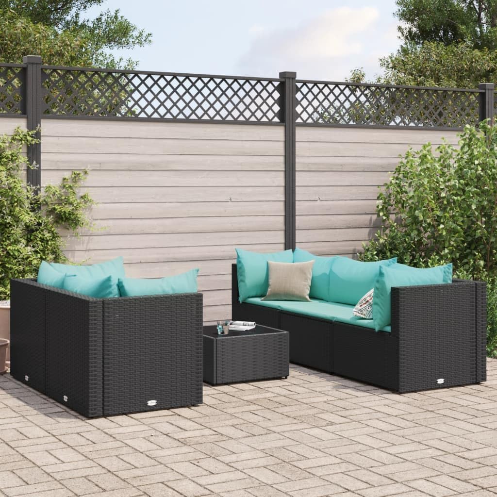 6 Piece Patio Lounge Set with Cushions Black Poly Rattan,Modular PE Rattan Lounge Set with Glass Tabletop for Outdoor Patio Garden (Black) Patio Furniture Sets, Outdoor Furniture Sets