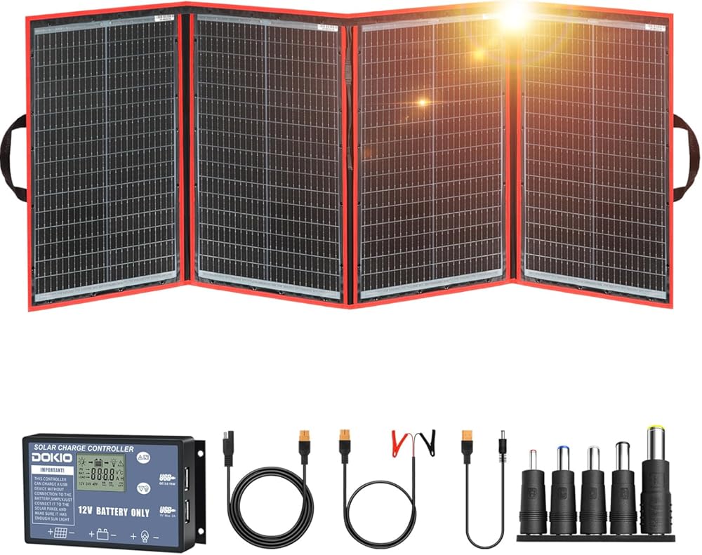 DOKIO 200W Portable Foldable Solar Panel Kit (20x27in, 9.7lb), with Separate Controller and Dual USB, Monocrystalline Charger for 12V Batteries & Power Stations, RV Camping Trailer Emergency Backup