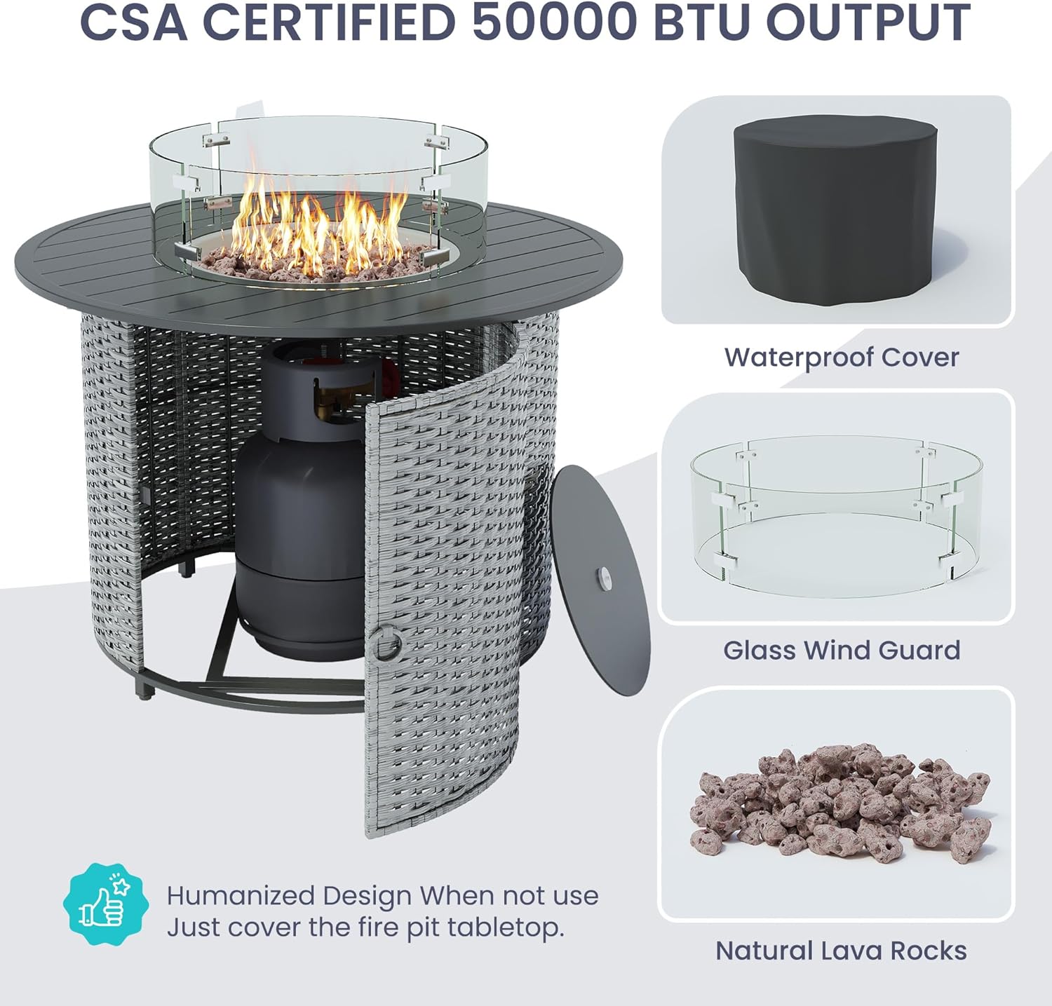 UDPATIO Patio Furniture Set with Fire Pit Table,Fully Assembled Outdoor Sectional Sofa,Half-Moon Curved Modular 11 Pieces Heavy Duty Wicker Furniture Set with Coffee Table,Cover for Porch,Grey