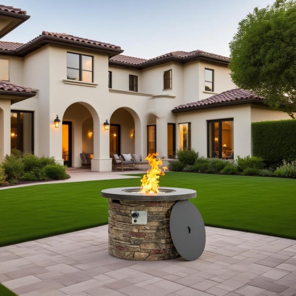 36-Inch Round Propane Fire Pit Table, 50,000 BTU, Stone-Look Base with Metal Top, Hidden Tank Storage