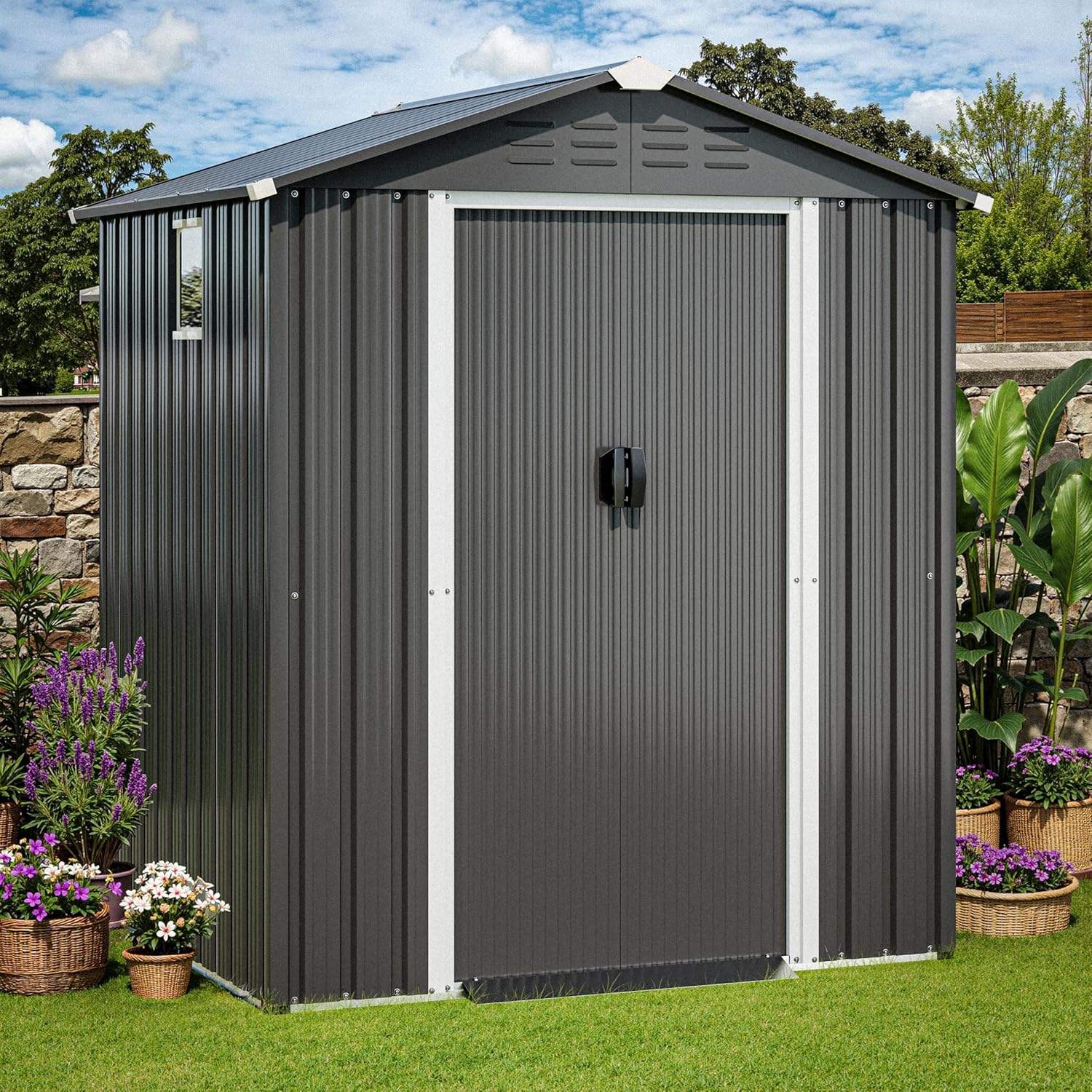 JYQAQA 6x4 FT Outdoor Storage Shed,Waterproof Metal Garden Sheds with Lockable Double Door,Weather Resistant Steel Tool Storage House Shed for Garden,Patio,Lawn, Gray
