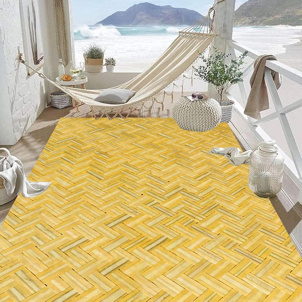 Bright Yellow Rattan Woven Texture 9x12 Outdoor Rug Natural Braid Outdoor Area Rug for Patio Deck Backyard Garden Porch Rustic Plait Breathable Washable Outdoor Carpet Quick Dry Camping Rv Picnic Mat