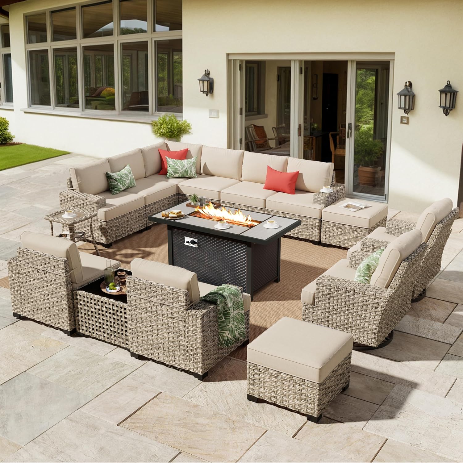 HOOOWOOO Outdoor Sectional Patio Furniture Set with Fire Pit Table,15 Pieces Wicker Conversation Sets L Shaped Couch,Extra Deep Out Door Sofa Outside Furniture with Swivel Chair Ottoman,Beige
