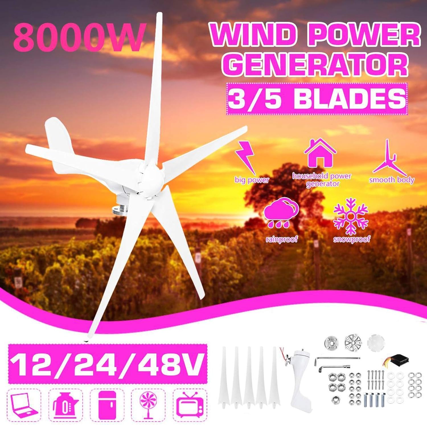 8000W Wind Power Turbines Generator, 5 Wind Blades Option with Waterproof Charge Controller Fit for Home Or Camping 12/24/48V,12V