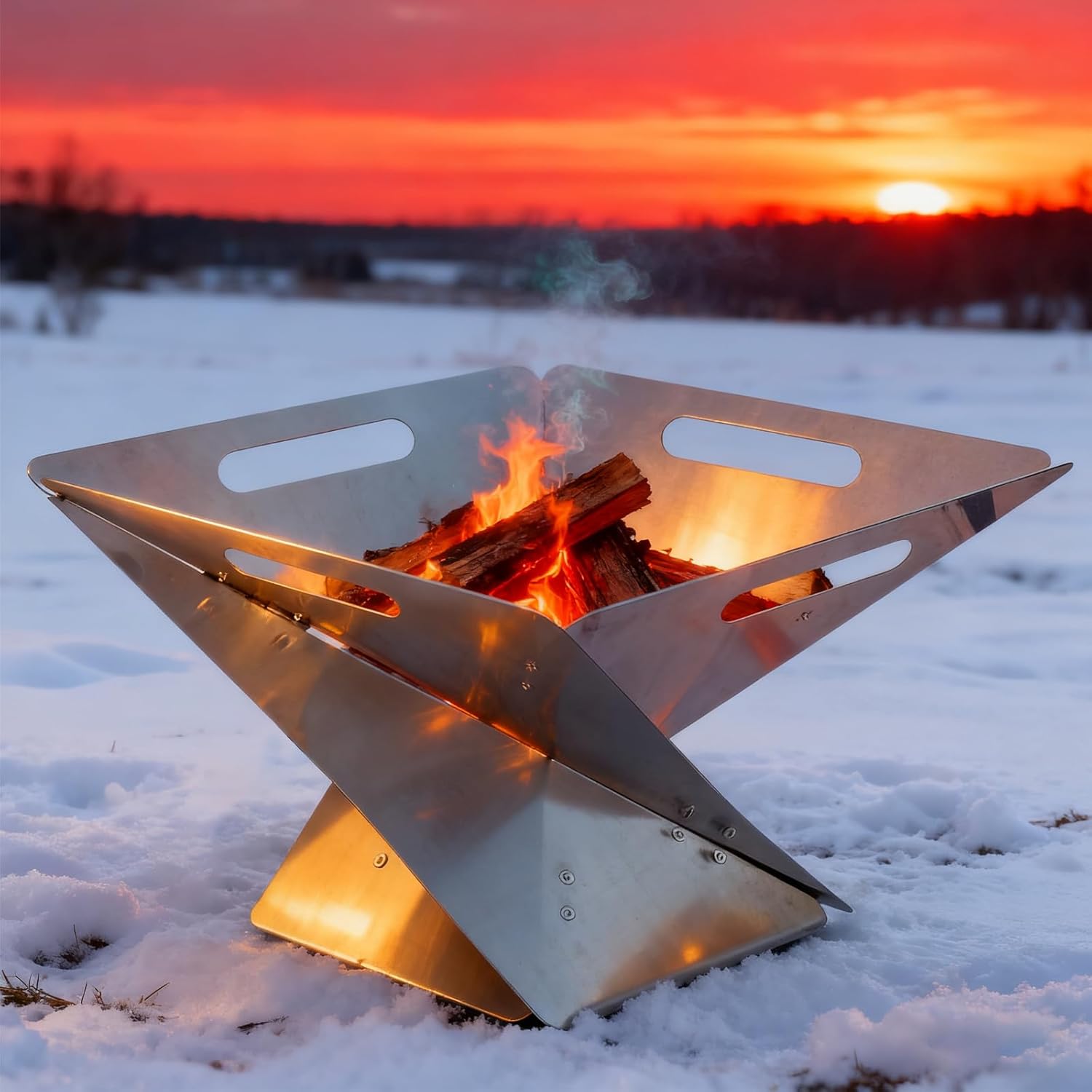 Foldable Portable Fire Pit - Stainless Steel Camping Fire Bowl with 304 Steel Grill Net & Heat-Resistant Gloves - Compact Bonfire Pit for Outdoor BBQ, Patio, Garden & Camping, 16.54 Inch