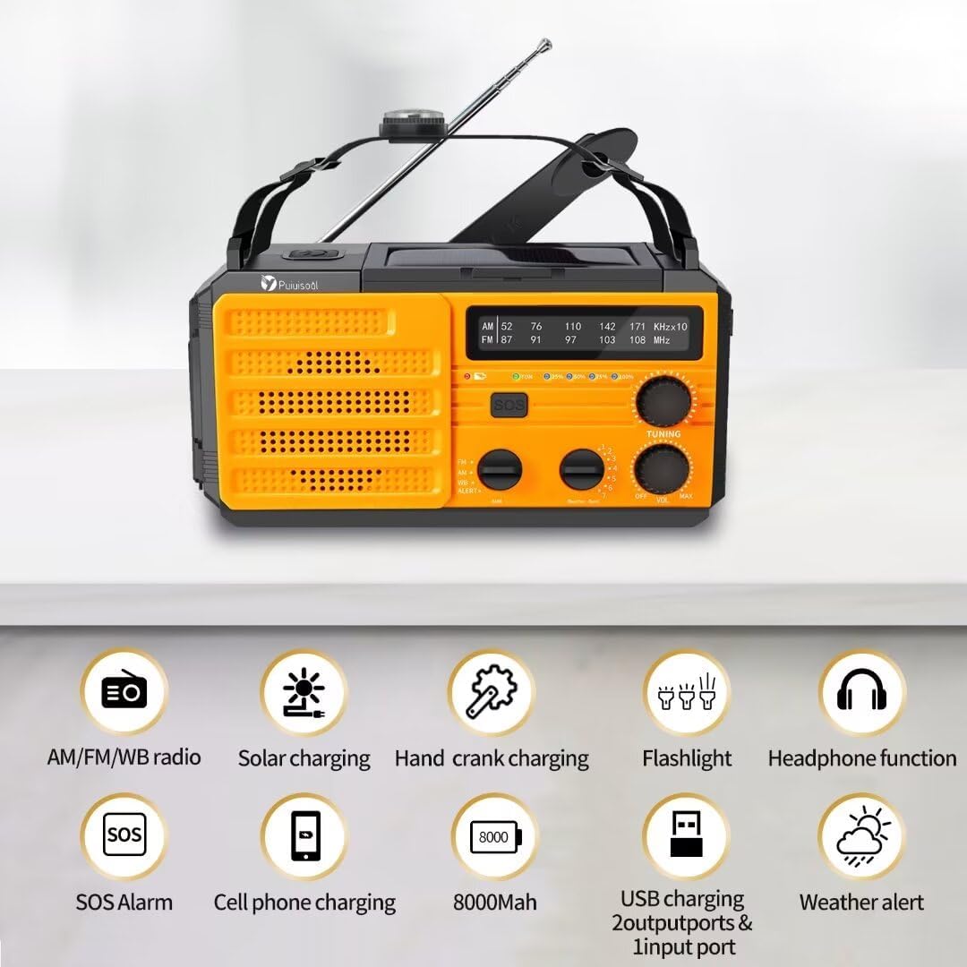 Emergency-Radio,Puiuisoul 8000mAh Portable Weather Solar Radios with Hand Crank,Reading Lamp,3 Gear LED Flashlight,SOS Alarm,AM/FM/NOAA,Headphone Jack