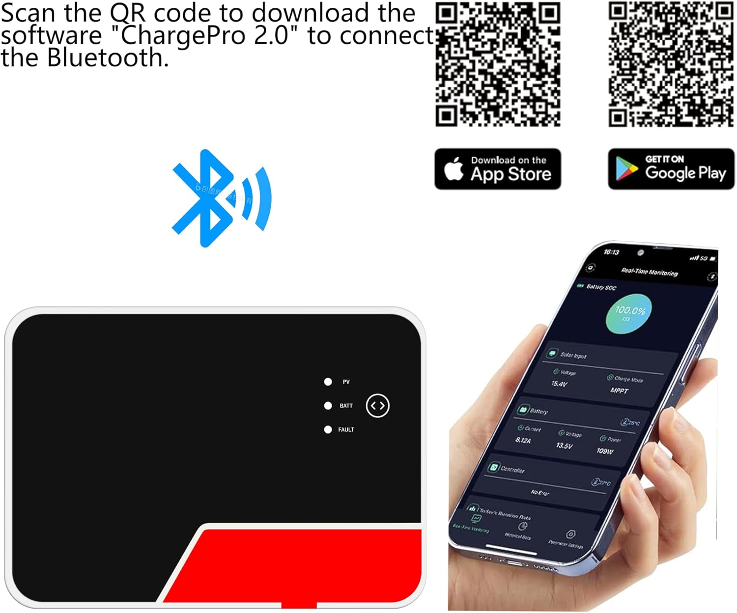 40A MPPT Solar Charge Controller 12V/24V DC 100Voc with LCD Display and Built-in Bluetooth,Control via Mobile Phone APP APP,fit for Sealed Flooded Gel and Lithium Battery