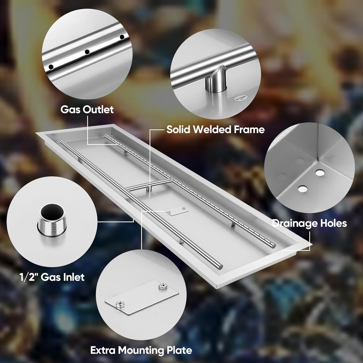 FAHKNS 48 x 14 inch H-Shaped Drop-in Fire Pit Pan, Stainless Steel 304 Fire Pit Burner, Propane Gas Fire Pan for Indoor Outdoor Use, 185,000 BTU Max