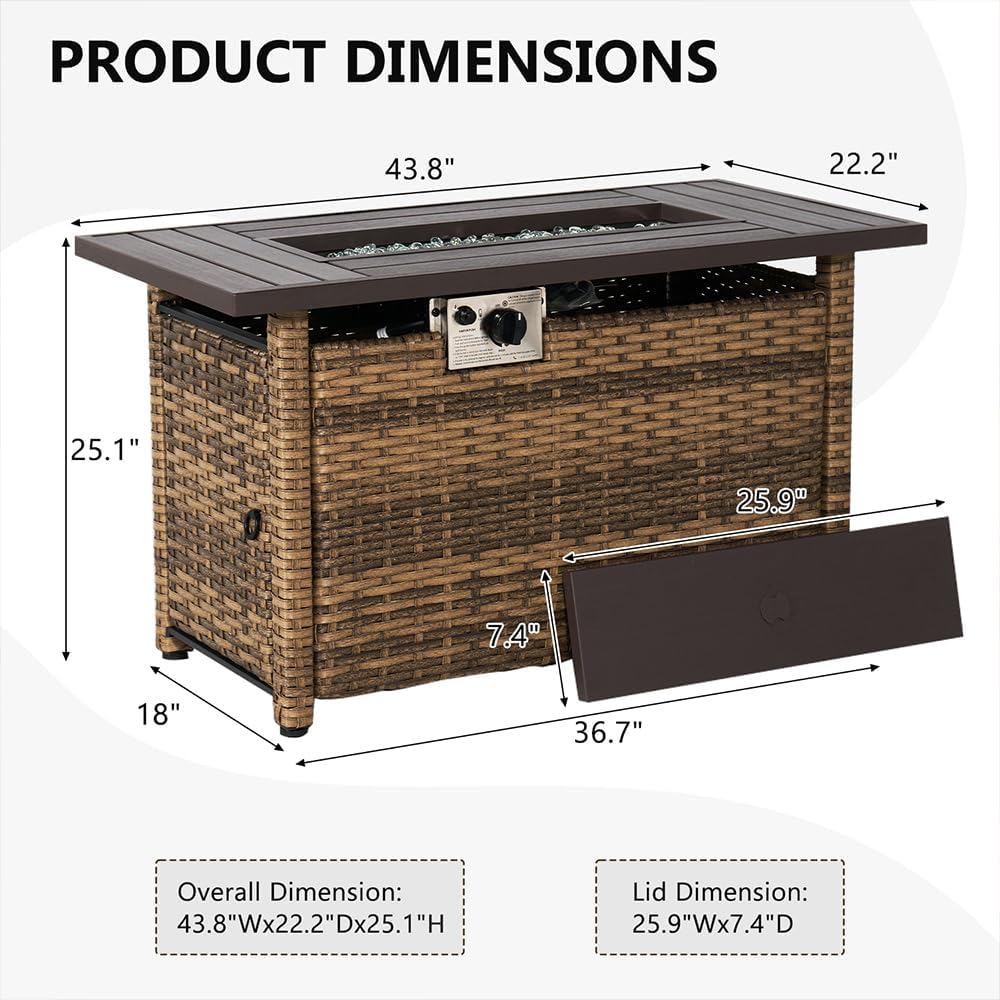 Aoxun Outdoor Patio Furniture with Fire Pit Table, 50,000 BTU Wicker Gas Fire Pits with Lid, 44'' Propane Gas Firepit Table for Backyard, Poolside, Garden (Yellow)