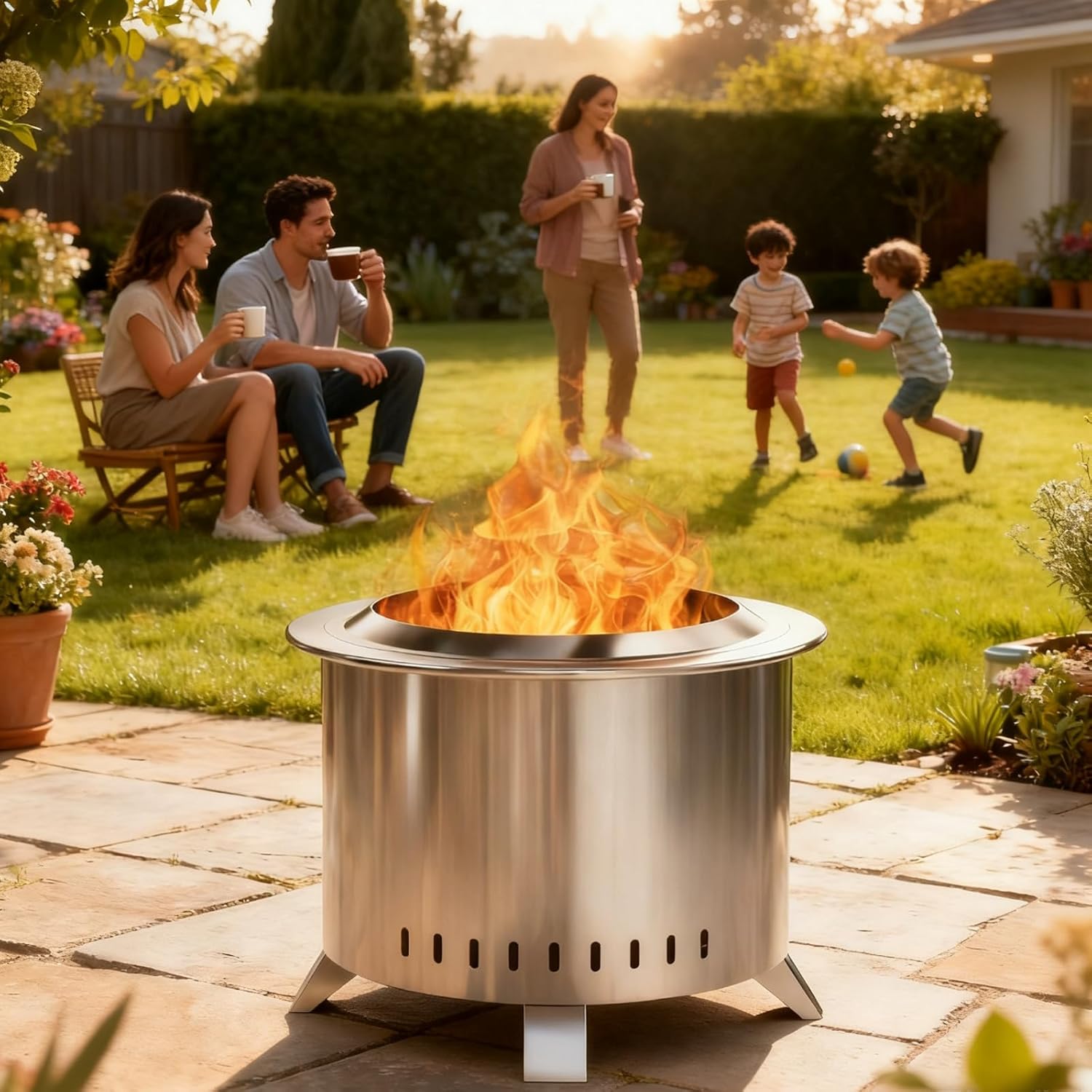 Smokeless Fire Pit,22 Inch Stainless Steel Firepit, Outdoor Wood Burning Fire Pit with Cover,Smokeless Firepits for Outside Backyard Patio Garden Camping Bonfire