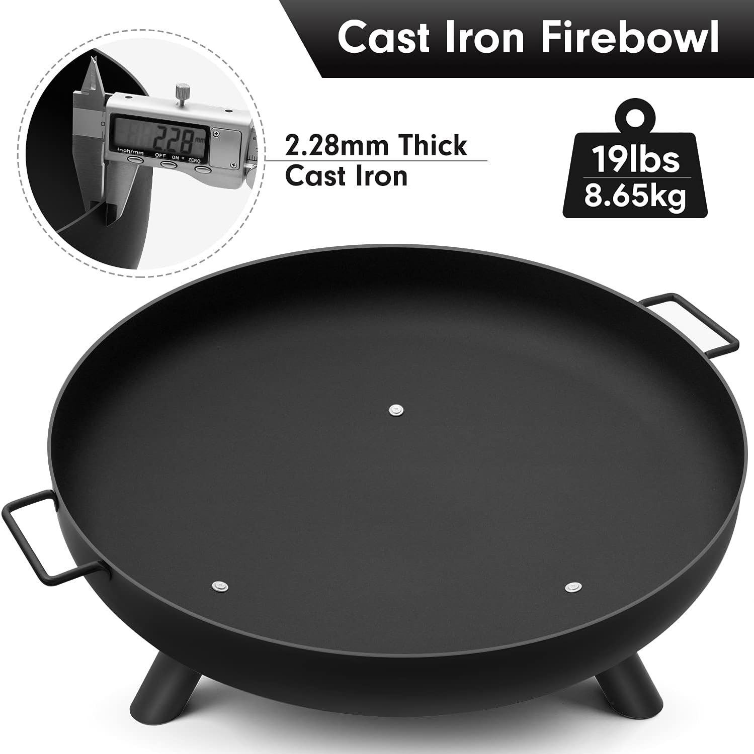 Outdoor Cast Iron Wood Burning Fire Pit 28in with Drain Hole - Large Round Fireplace for Backyard Deck Camping - Heavy Duty Metal Grate Rustproof - Extra Deep Fire Bowl Outside