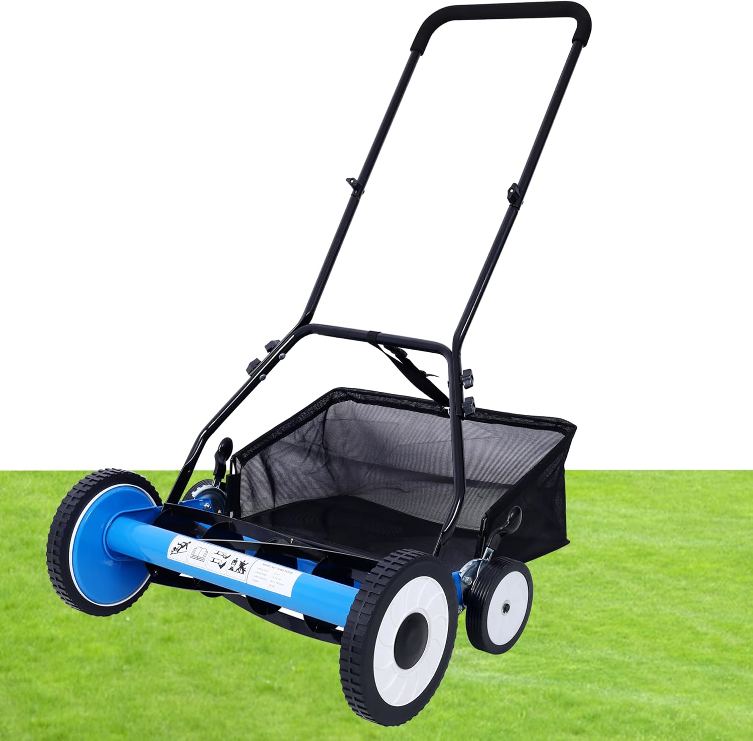 KEIKI 20-Inch Manual Lawn Mower, Push Reel Mowers w/Grass Catcher & Adjustable Cutting Height, 4-Wheels Small Lawnmower with 5 Steel Blades for Graden, Spaces Saving & Easy Assembly, Green