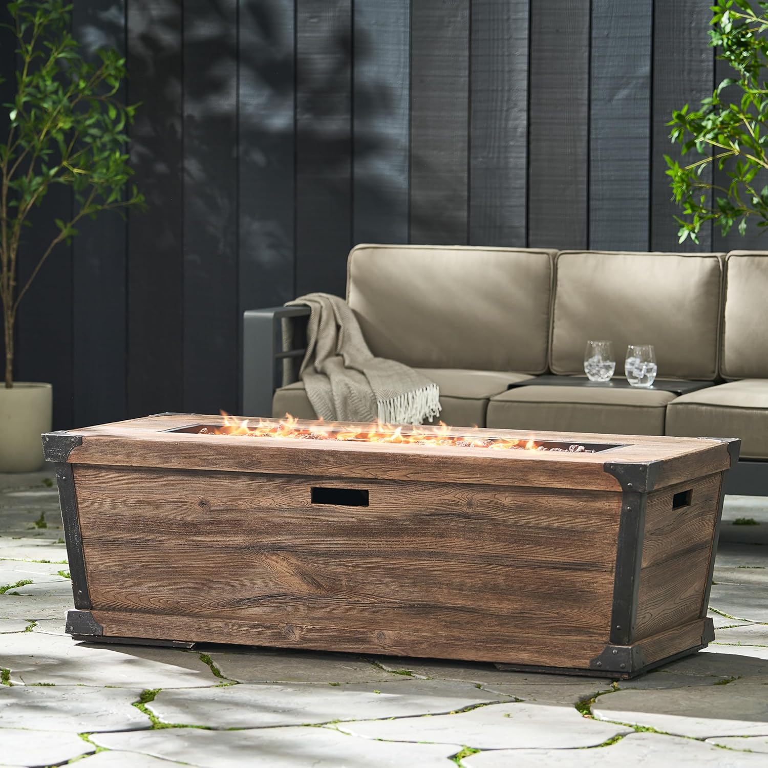 Roomfitters Rectangular Outdoor Fire Pit Table with Wood-Look Design, Stylish and Durable Patio Centerpiece, Brown