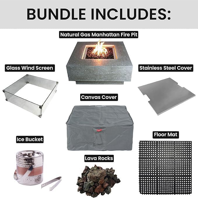 Elementi Manhattan Bundle Outdoor Firepit Set Includes 36” Propane Concrete Firepit Table, Glass Windscreen, Stainless Steel, Tank/Canvas Cover, Floor Mat, Ice Bucket