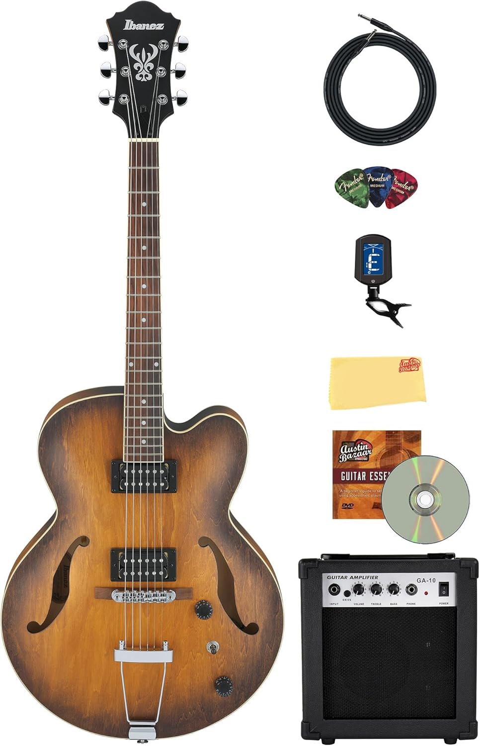 Ibanez AF55 AF Artcore Hollow Body Electric Guitar - Tobacco Flat Bundle with Amplifier, Tuner, Cable, Picks, Austin Bazaar Instructional DVD, and Polishing Cloth