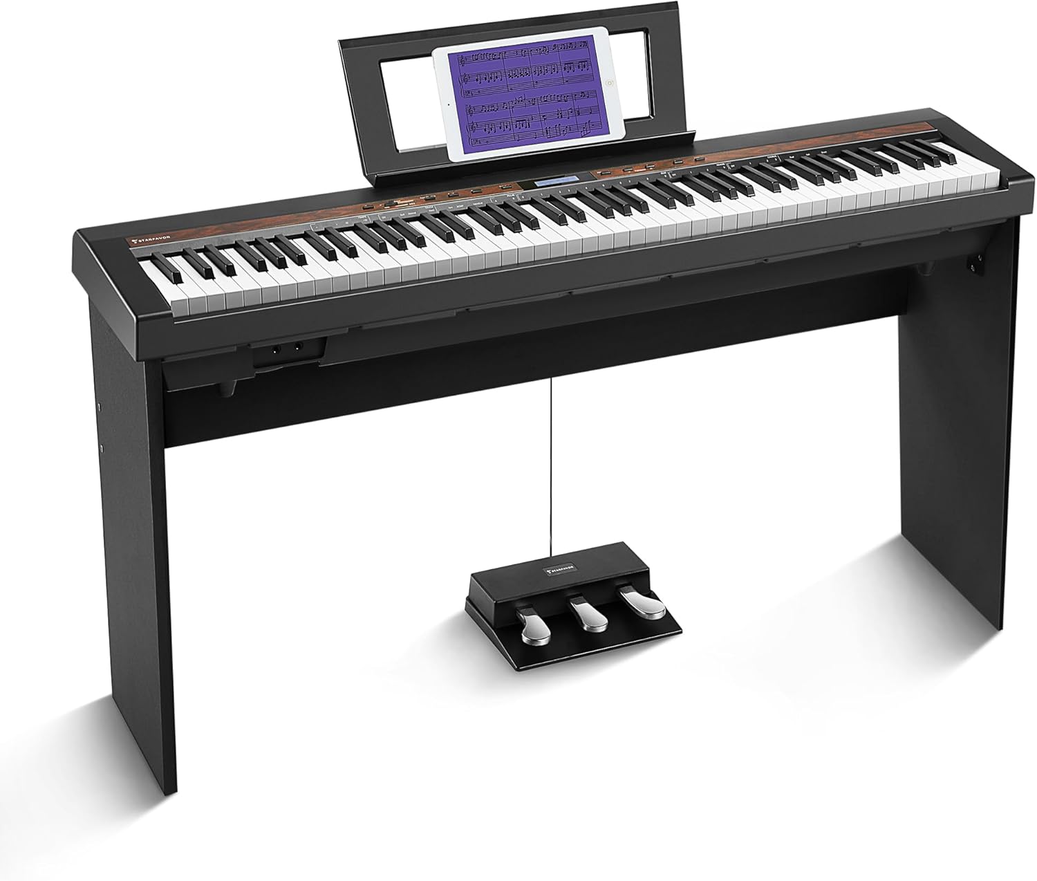 Starfavor SP-150W with Stand Digital Piano with Pedal, 88 Key Weighted Keyboard with Hammer Action,2x30W Speakers,200 Rhythms,238 Tones, Wood Grain Pattern, MIDI/USB