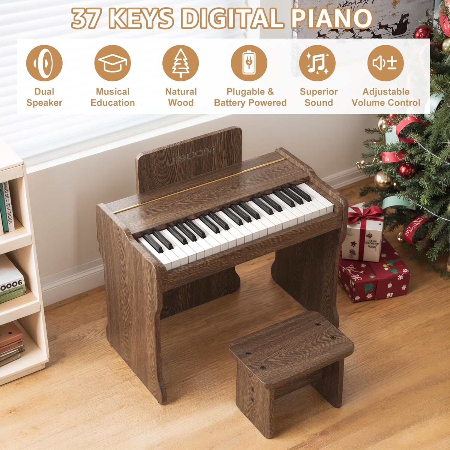 Kids Piano Keyboard, 37 Keys Digital Piano, Toddler Piano for Kids, Mini Baby Piano Toy, Kids Musical Instruments Sets, Wood Piano Keyboard for Kids Ages 3+,Walnut