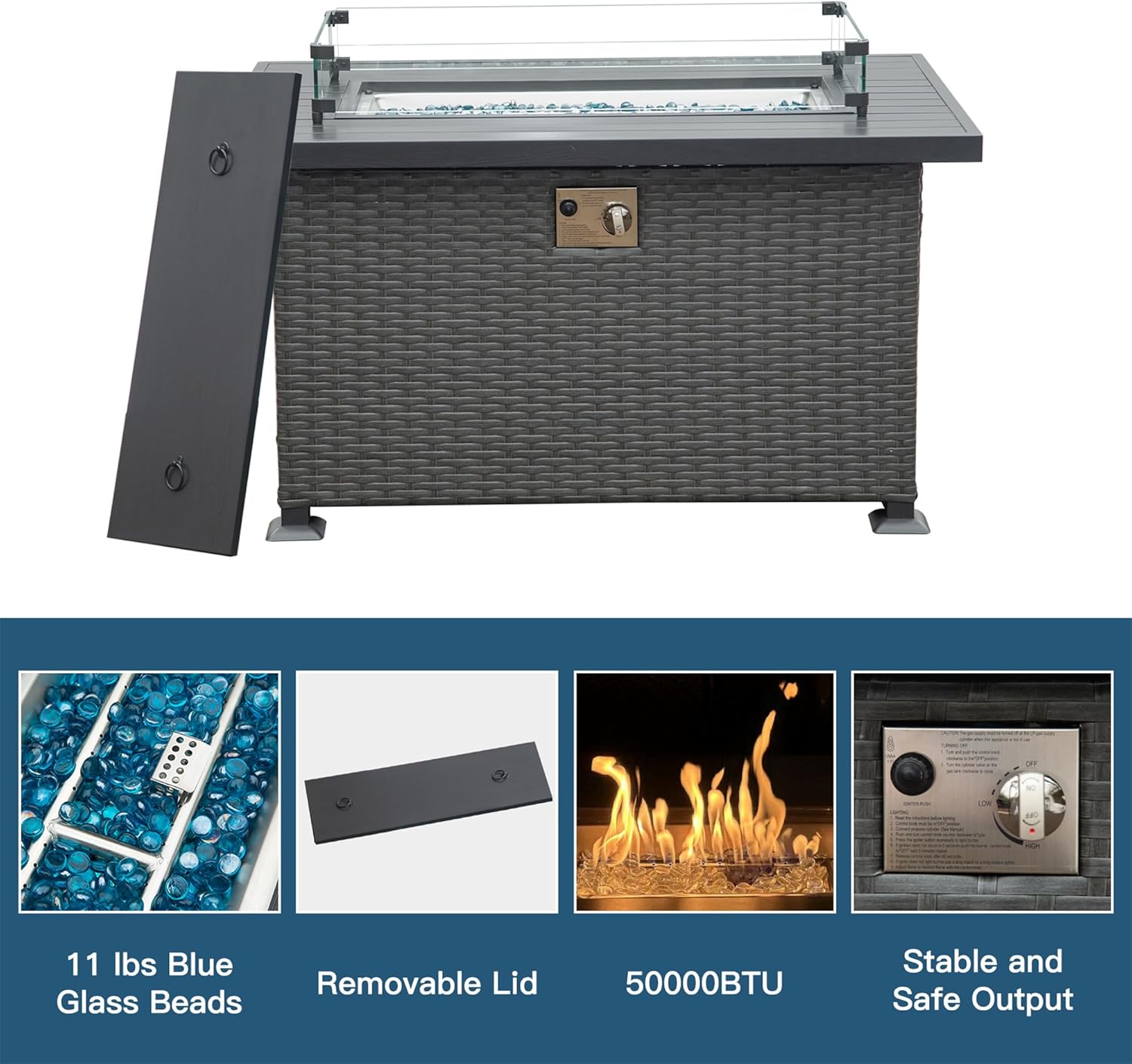 43.3 Inch Fire Pit Table with Glass Wind Guard, 50,000 BTU Smokeless Fire Pits for Outside with Aluminum Tabletop, Outdoor Wicker Gas Fire Pits for Patio