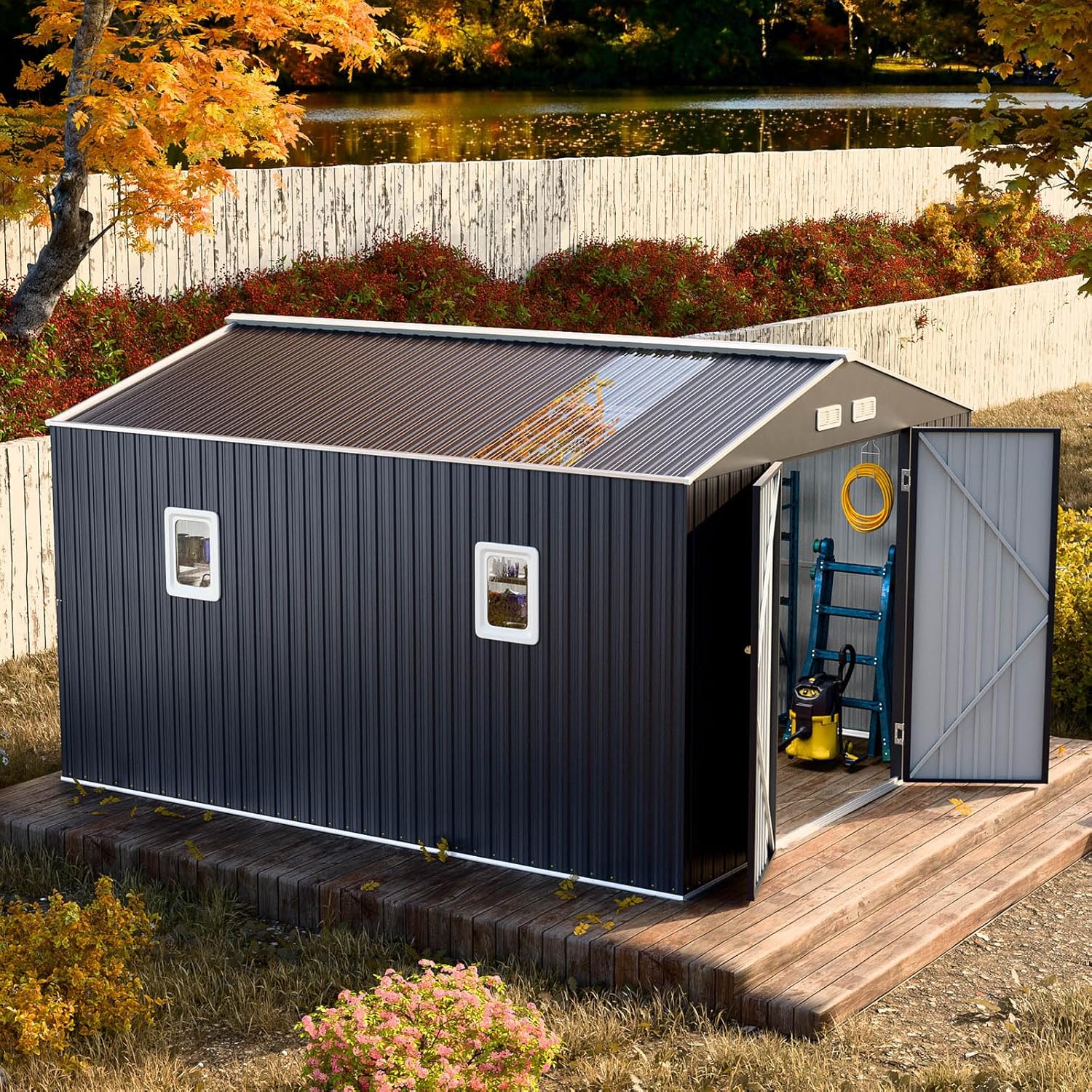 10x12 FT Metal Outdoor Storaged Shed with Floor Base Waterproof Heavy Duty Reinforced Frame with Unique Clear Roof Skyview Windows Air Vent for Garden Patio Large Tools Storage Lawnmower,Dark Grey