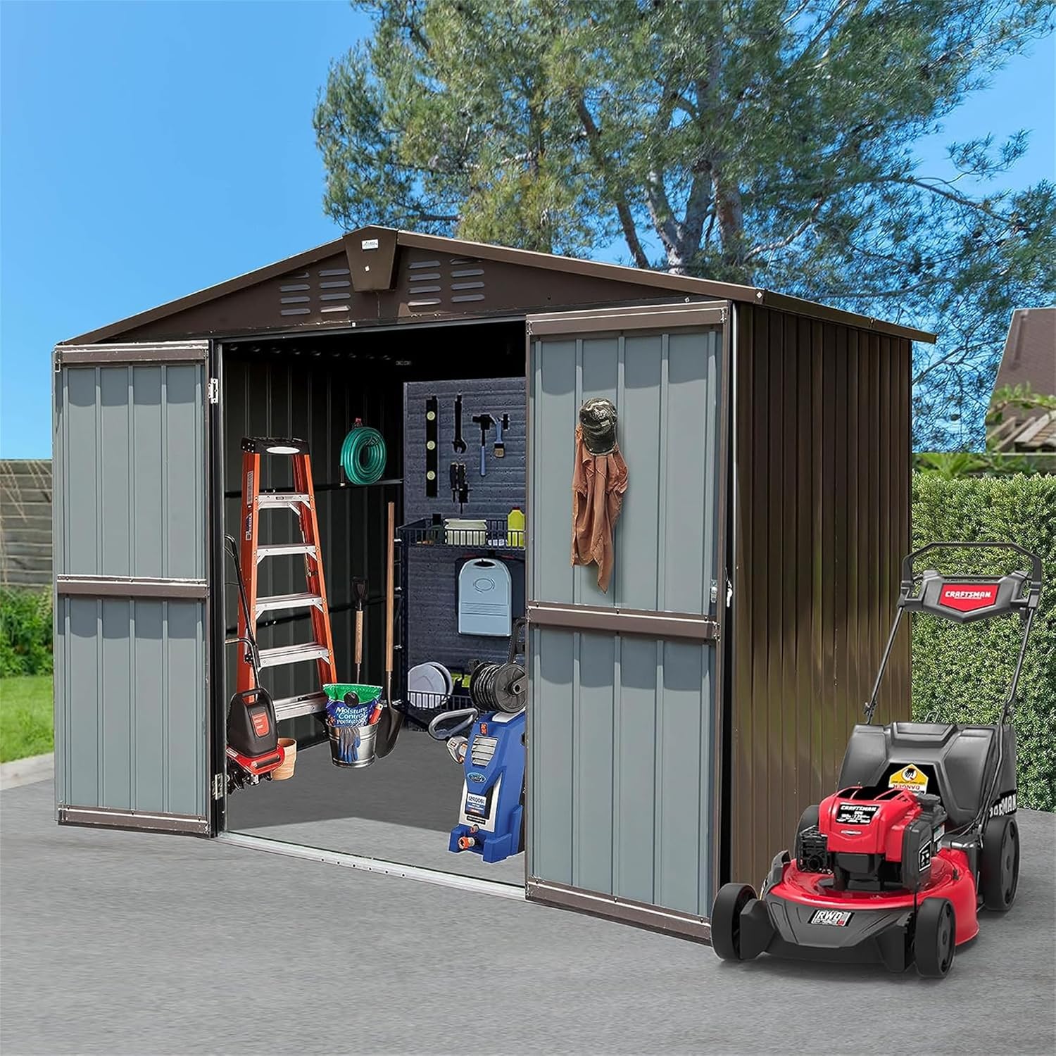 8.2x6.2ft Outdoor Storage Shed, Metal Steel Utility Tool Shed with Double Lockable Doors and Air Vents, Garden Storage for Backyard Patio Lawn