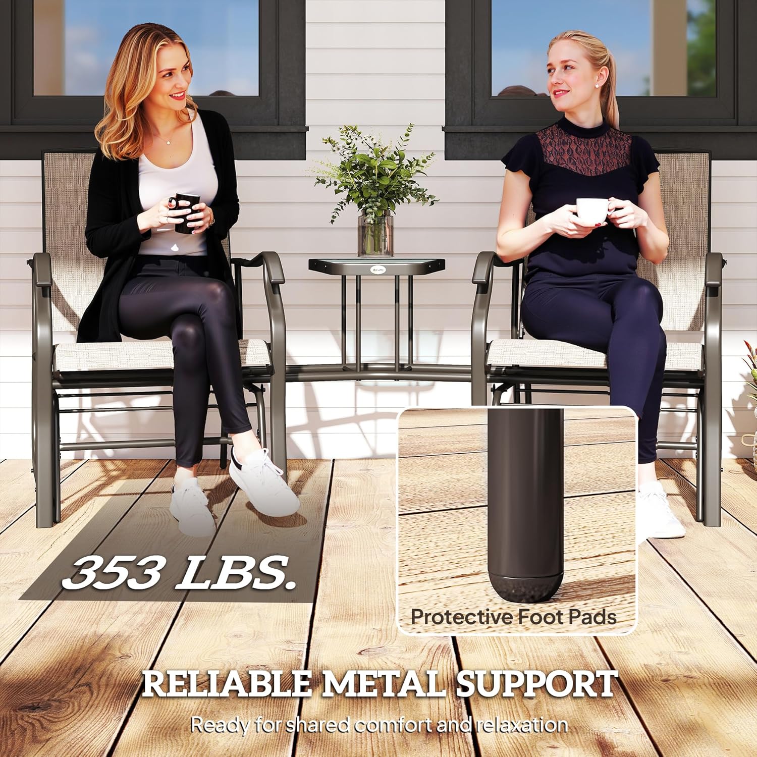 Outsunny Outdoor Glider Chairs with Coffee Table, Patio 2-Seat Rocking Chair Swing Loveseat with Breathable Sling for Backyard, Garden, and Porch, Light Brown