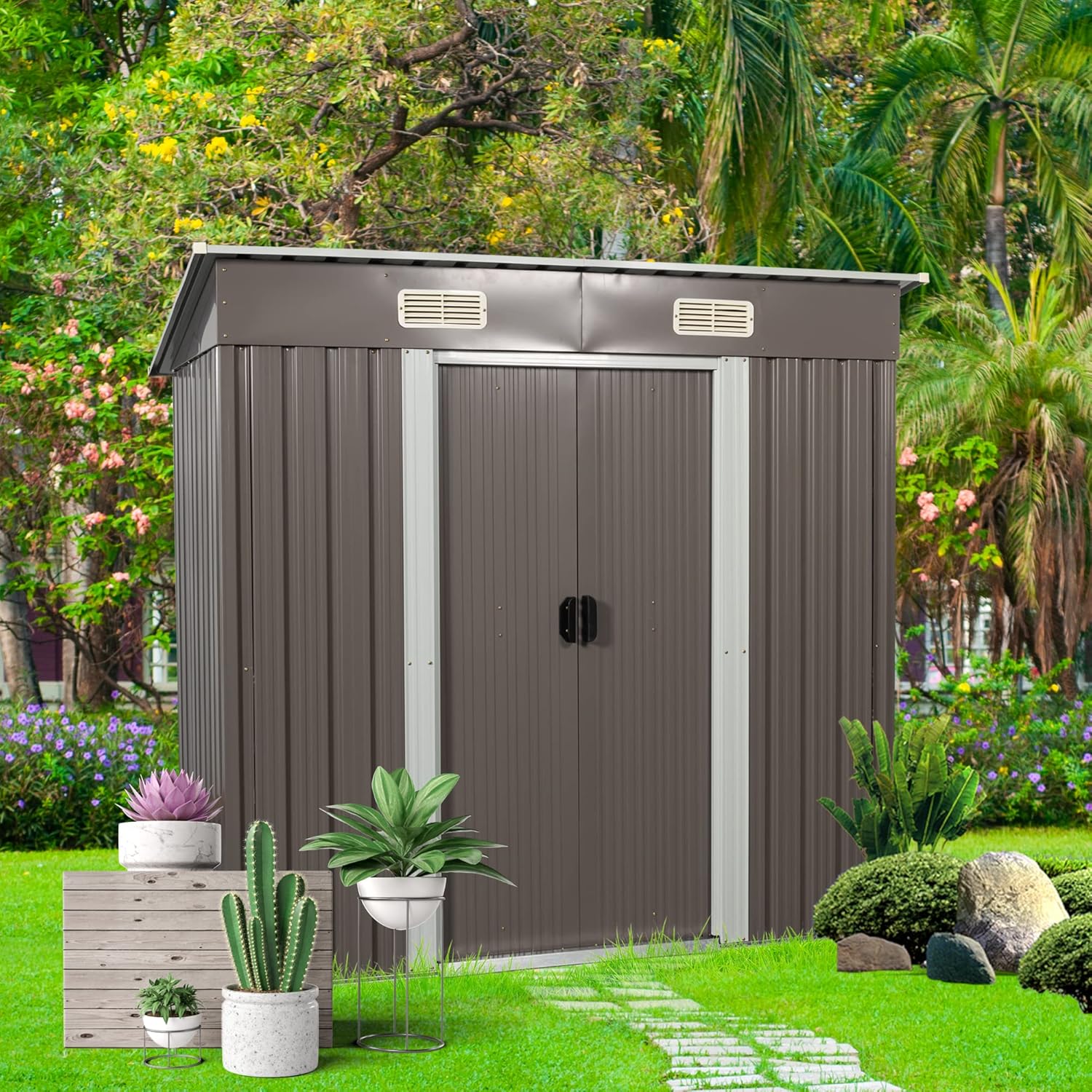 Favfurish 6 x 4 FT Outdoor Storage Shed,Metal Anti-Corrosion Utility Tool House with Punched Vents, w/Sliding Doors & Padlock,Waterproof Garden Sheds for Backyard Lawn Patio,Grey