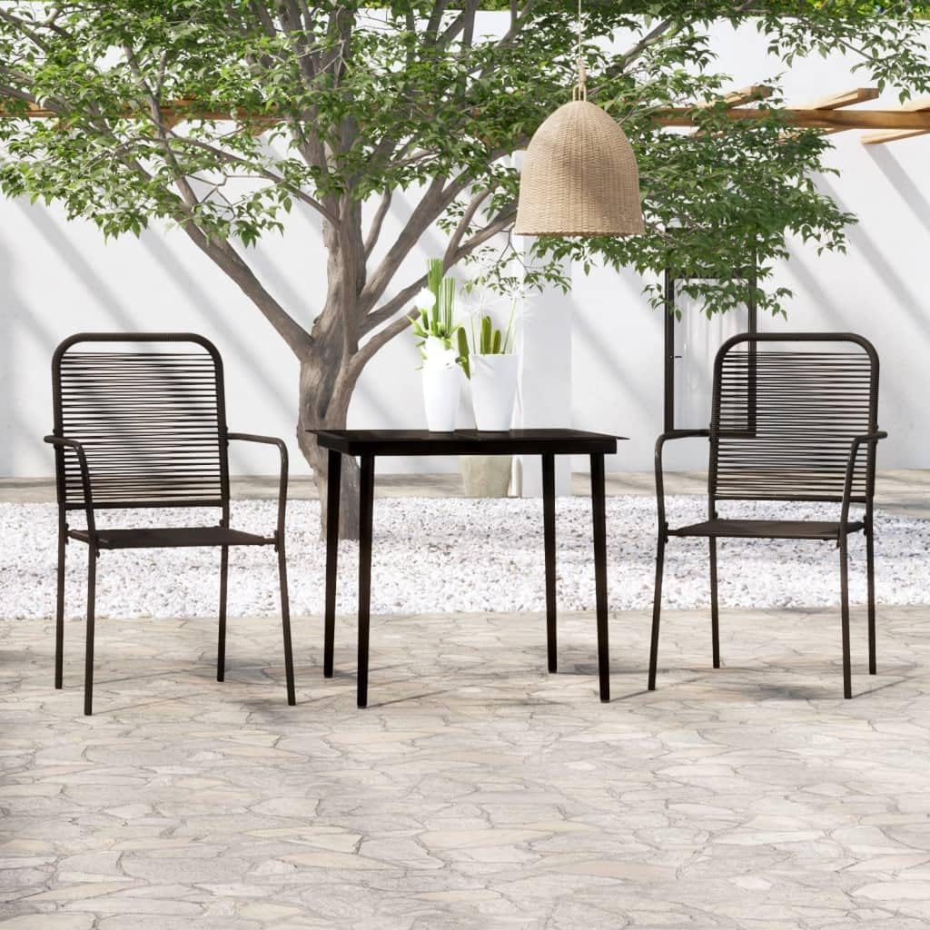 3 Piece Patio Dining Set Black,Modern Outdoor Dining Set Black Steel and Cotton Rope Table and Chairs for Patio, Garden, Terrace Furniture Sets for Patio, Lawn & Garden