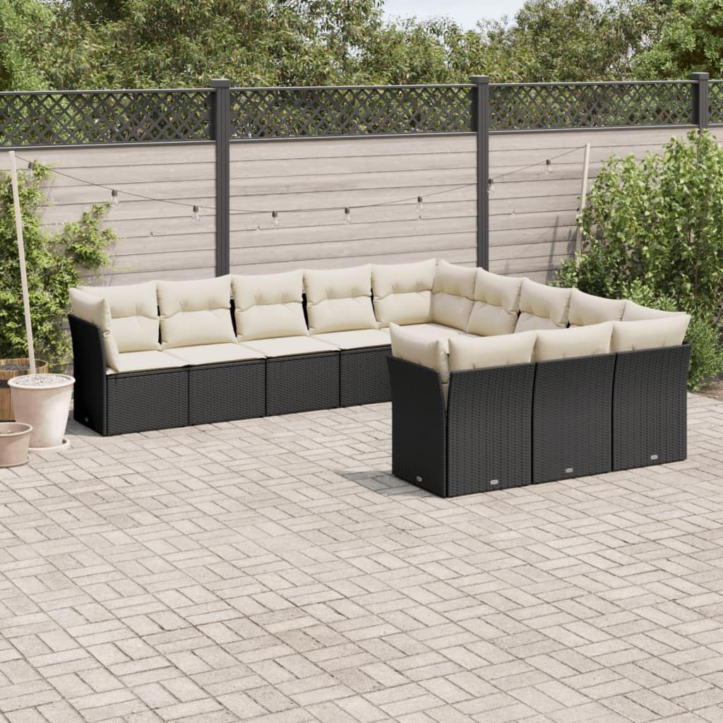 11 Piece Modular Garden Sofa Set Black PE Rattan Large Outdoor Furniture with Cream Upholstery Water-Resistant and UV-Resistant for Patio Terrace