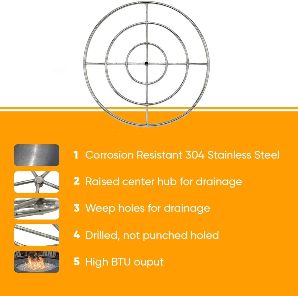 AFG Match Lit Fire Pit Burner Kit (SS-FR-12KIT-PAN-LP-MSCB), Round, 12-Inch Burner, 18-Inch Flat Pan, Propane, Polished Chrome, with Flange, Key, Valve, Flex Line and Fittings