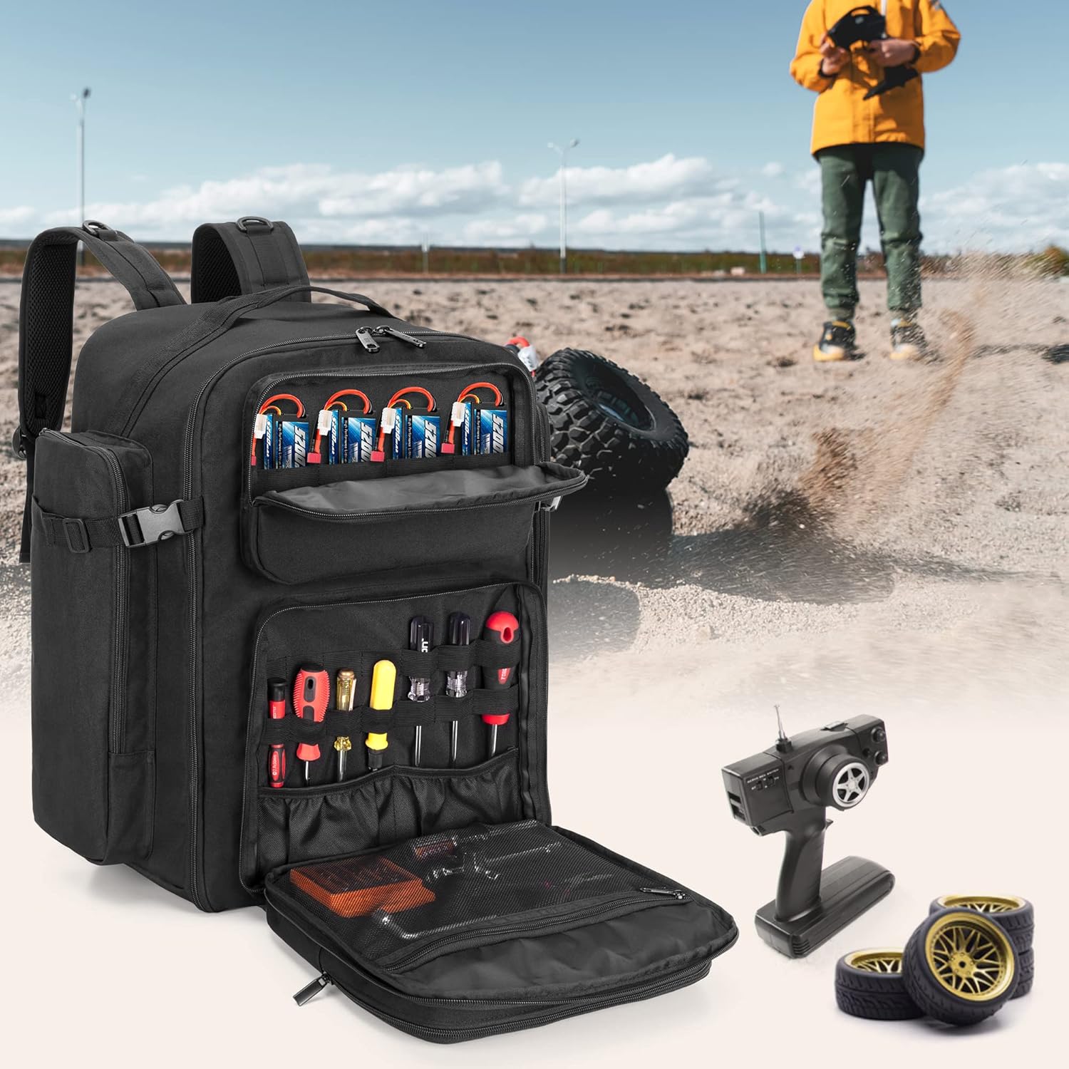 RC Backpack for 1/10 Car, RC Storage Bag with Multi Pockets for Tools and Other Accessories, Easy Carrying with Adjustable Shoulder Strap (Patent Design)