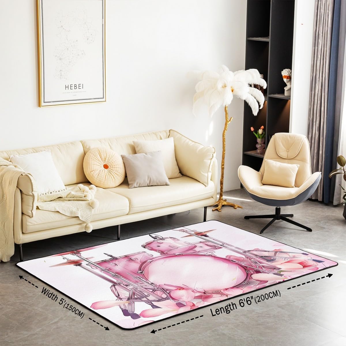 Drum Kit Rug 5x6'6'',Rock Music Themed Decorative Area Rug for Women Adults Men Teens,Rose Flowers Pink Non Slip Washable Decor Carpet for Indoor Outdoor