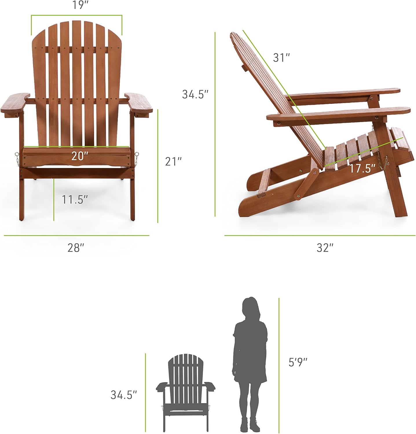 Greemotion Elk 34 in. W All Weather Outdoor Patio Eucalyptus Wood Adirondack Chair Solid Wood for Outdoor Fire Pit, Deck, Beach, Garden, Campfire Chairs, Weather Resistant Easy Installation, Natural