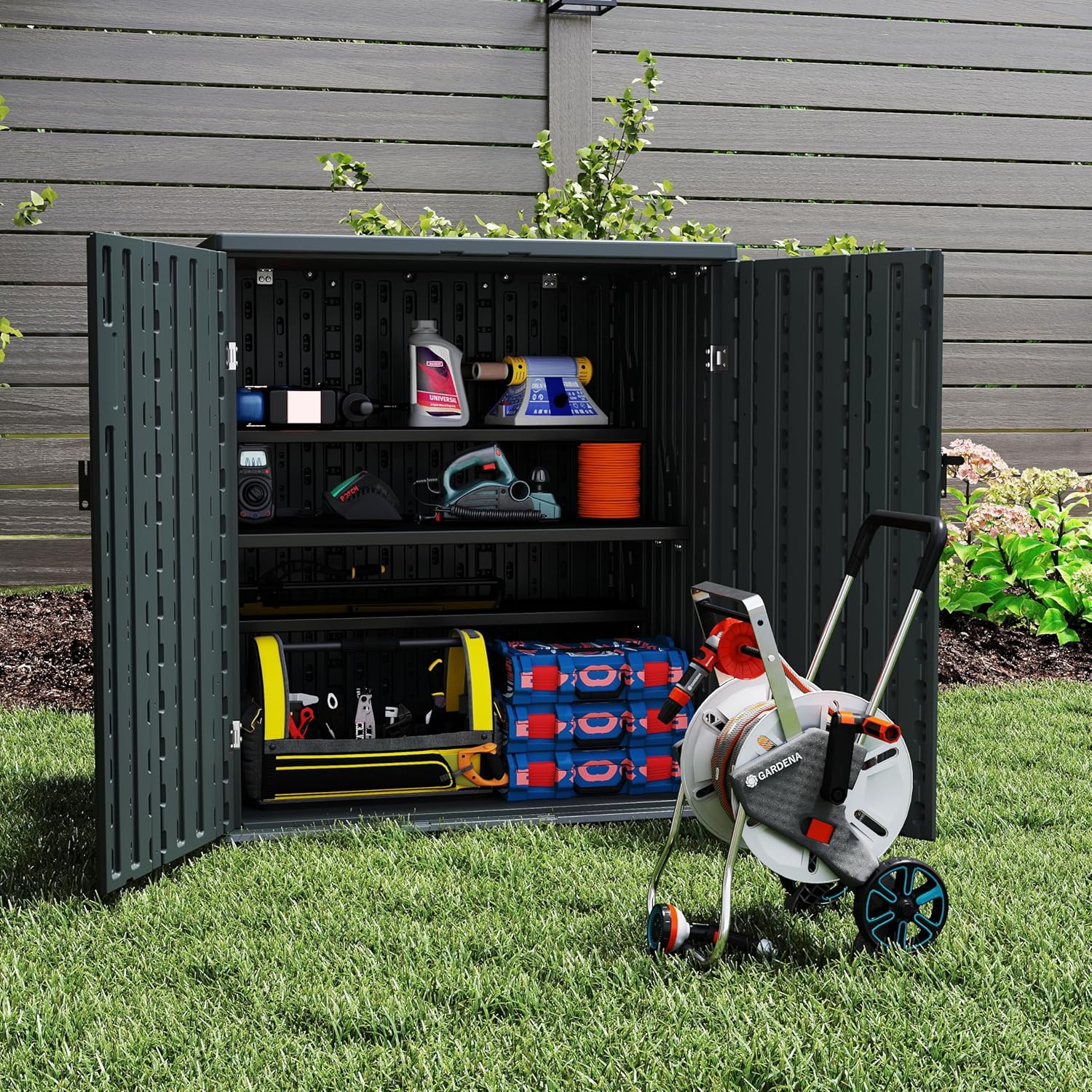 Outdoor Storage Cabinet with 2 Shelves, Waterproof Resin Horizontal Tool Shed, Lockable 15 cuft. Storage Shed for Patio, Garden, Yard, Grey