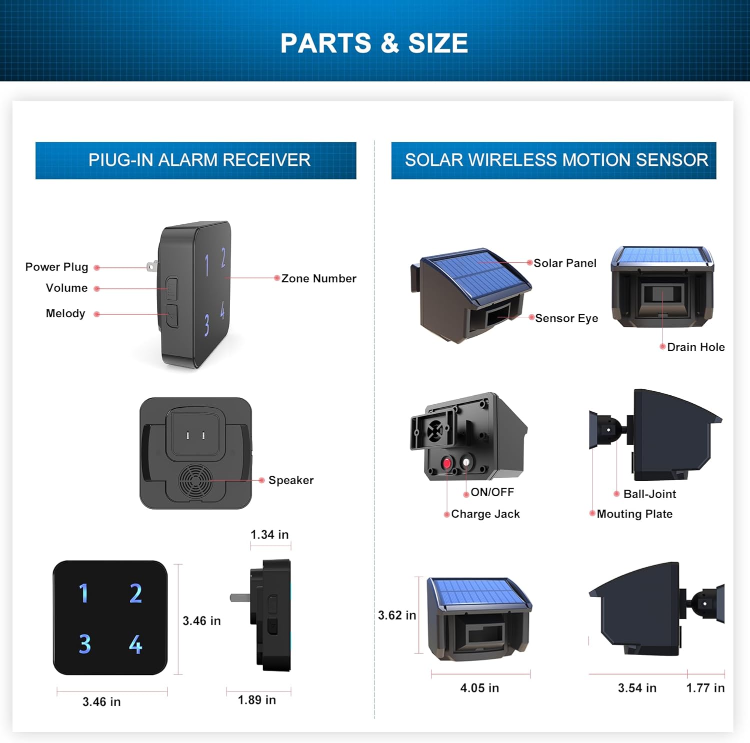 Solar Driveway Alarm System-1/4 Mile Long Transmission Range-Solar Powered No Need Replace Batteries-Outdoor Weatherproof Motion Sensor&Detector DIY Security Alert-1 Receiver and 2 Sensors KIT